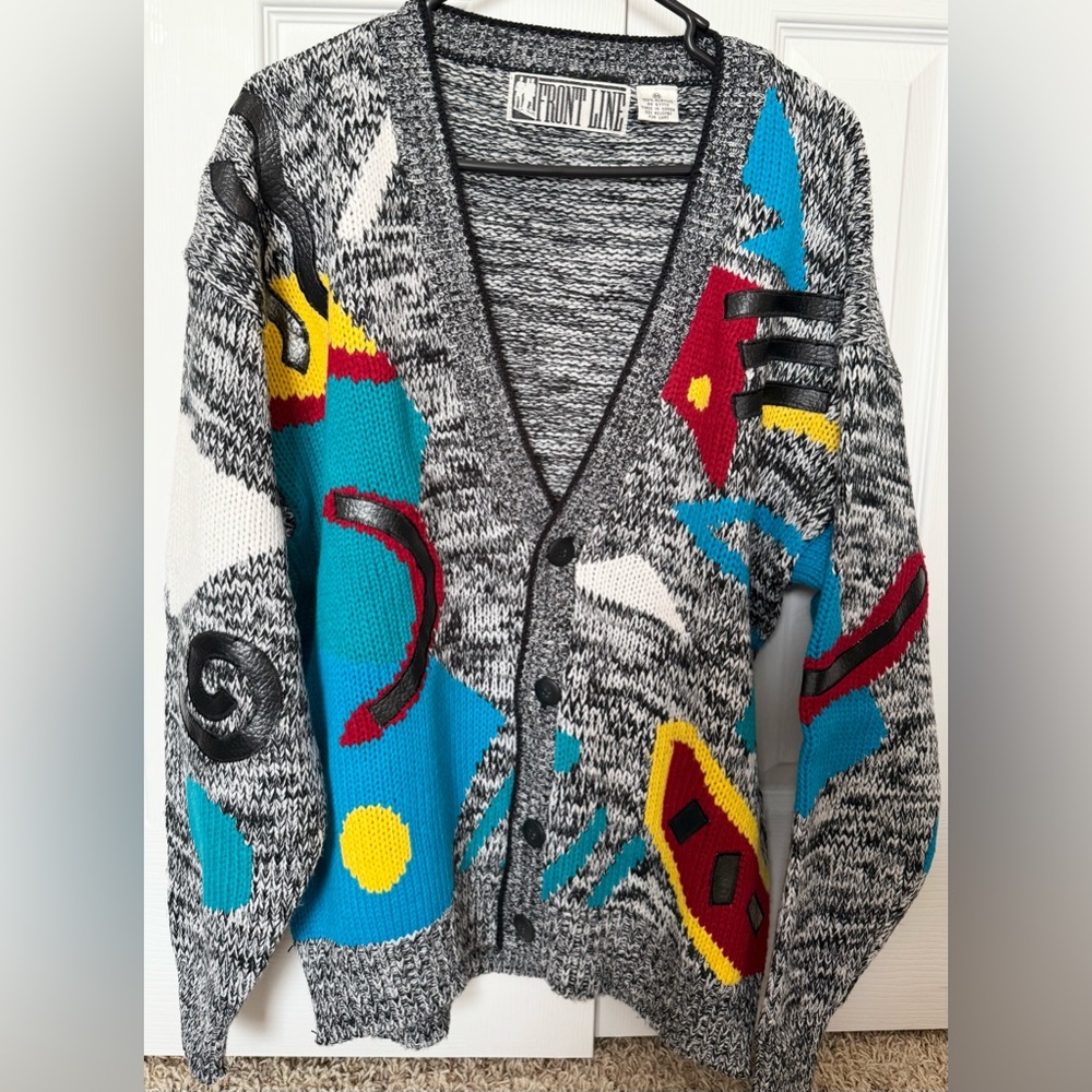VTG Funky Geometric Shapes Sweater Button Up Colorful Grey 90s 80s Cardigan
